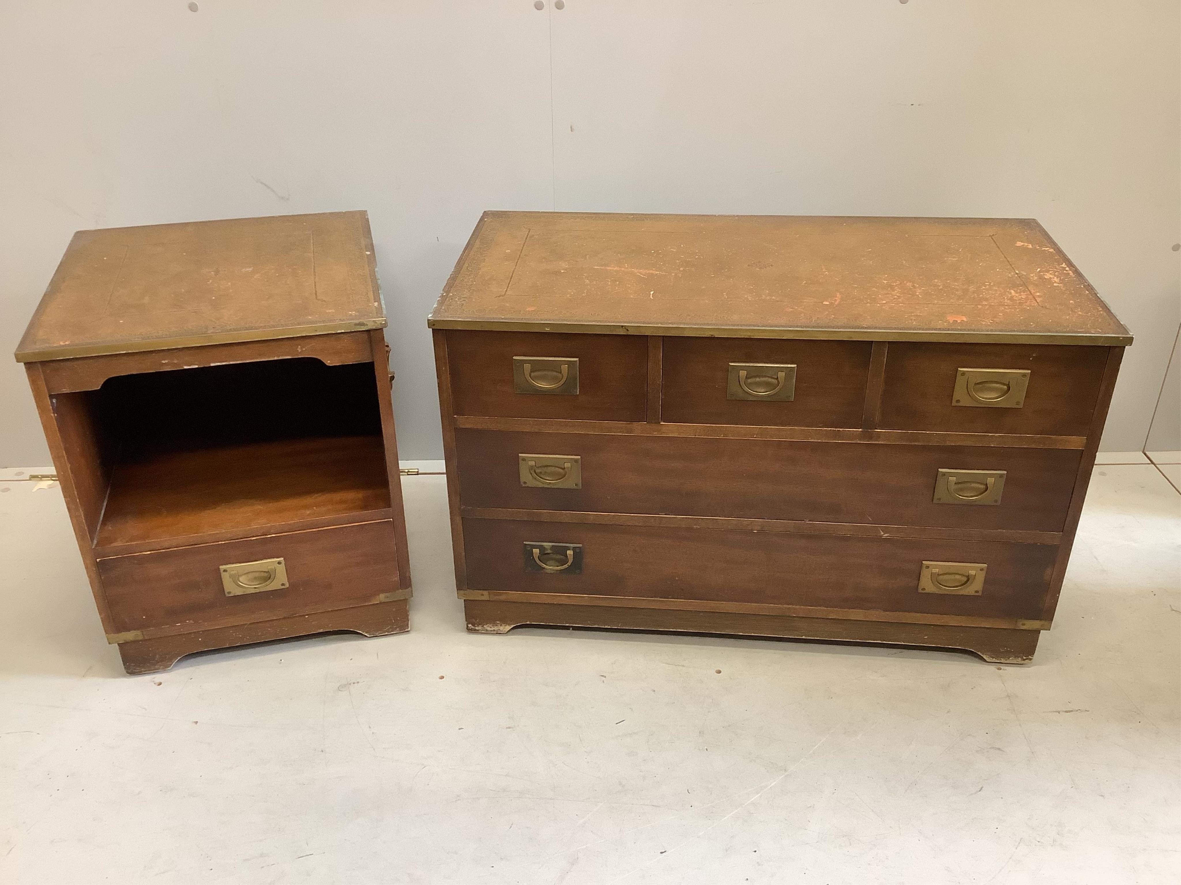 A military style brass mounted mahogany five drawer low chest, width 92cm, depth 46cm, height 57cm, together with a matching bedside cabinet. Condition - fair